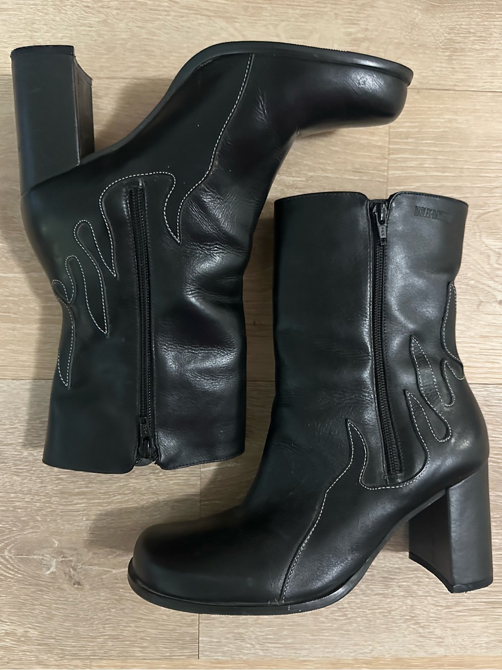 VTG Harley Davidson Scorch Black Leather Flame Block Heel Boots 9.5